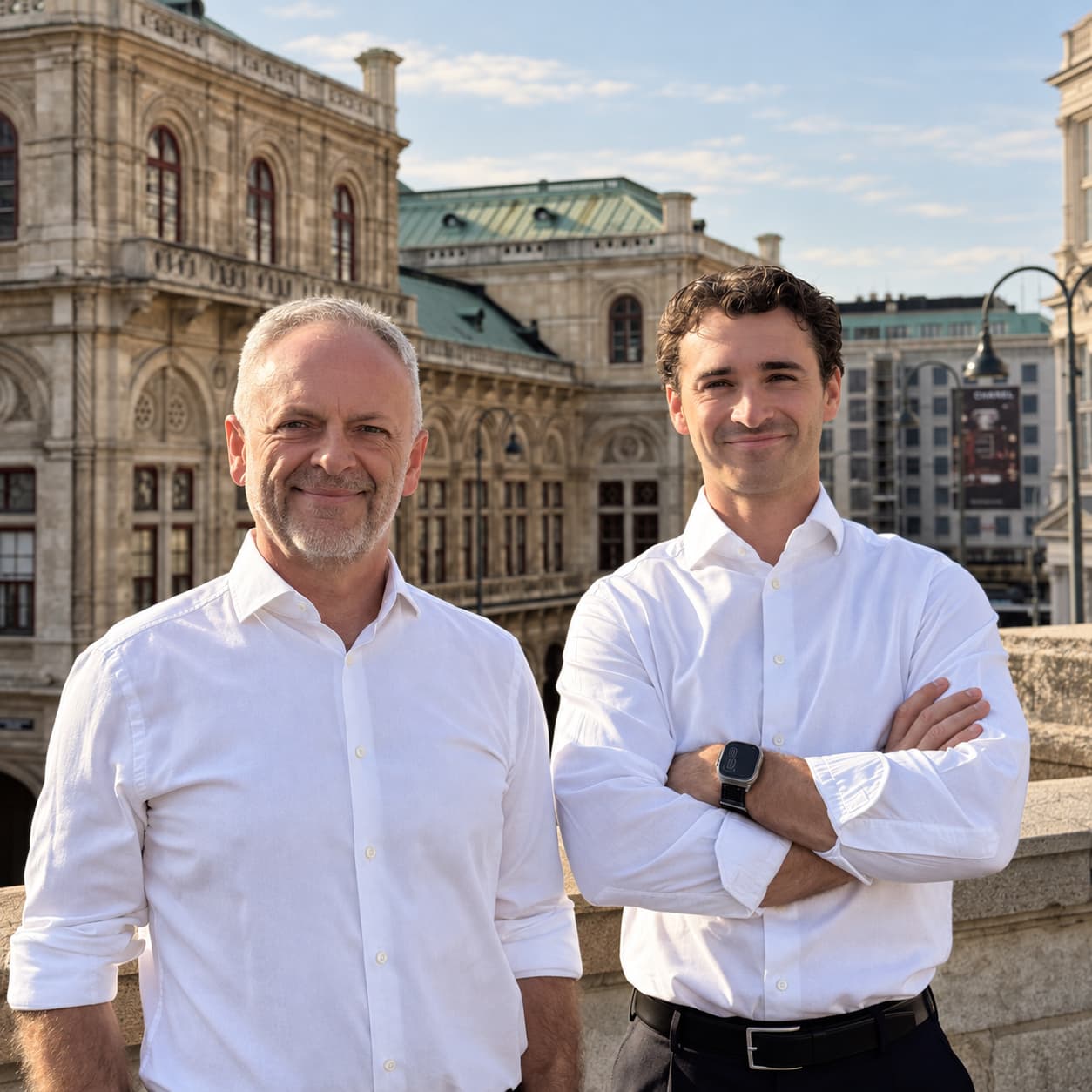 Two men in white shirts in front of the Vienna State Opera